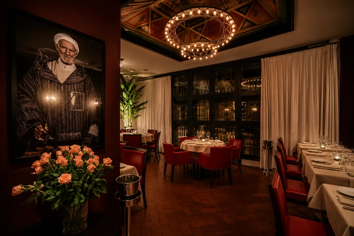 Salle intimiste d'El Morocco Club à Tanger : fauteuils rouges, lustre à ampoules et portrait photographique au mur