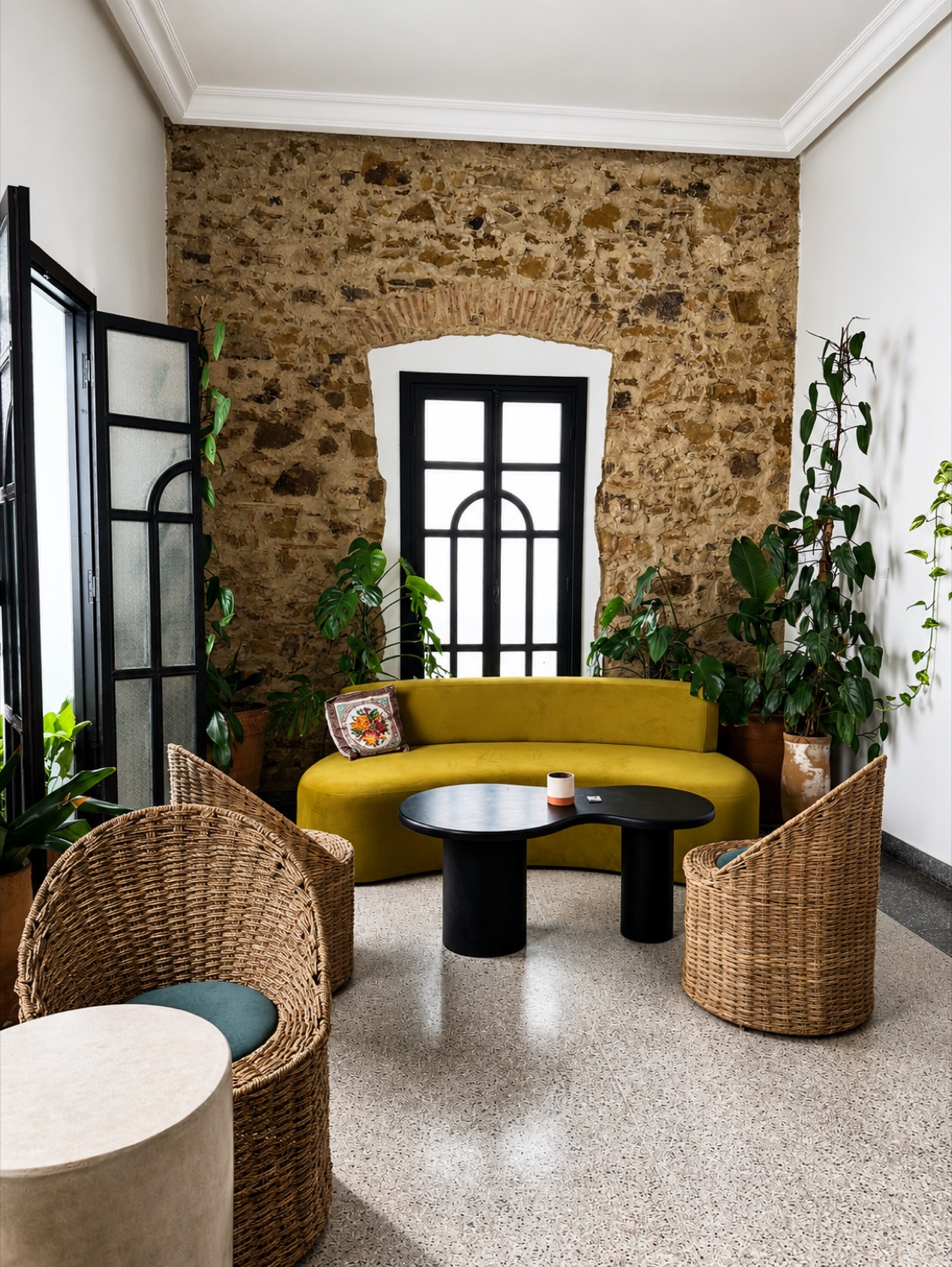 Salon de NBTA : canapé jaune, mur de pierre et fauteuils en rotin