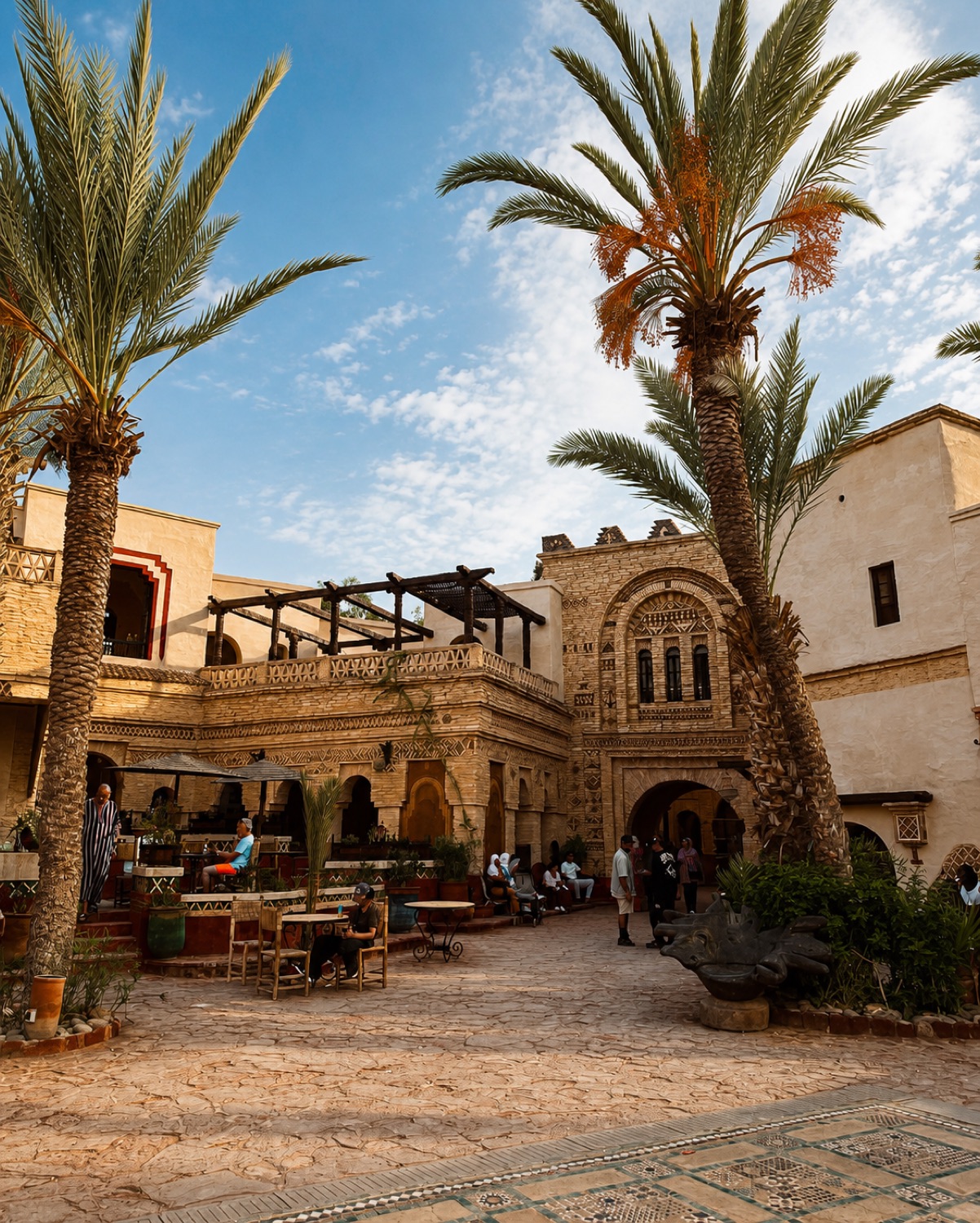 Place aux palmiers et bâtisses traditionnelles en pierre et pisé à Agadir