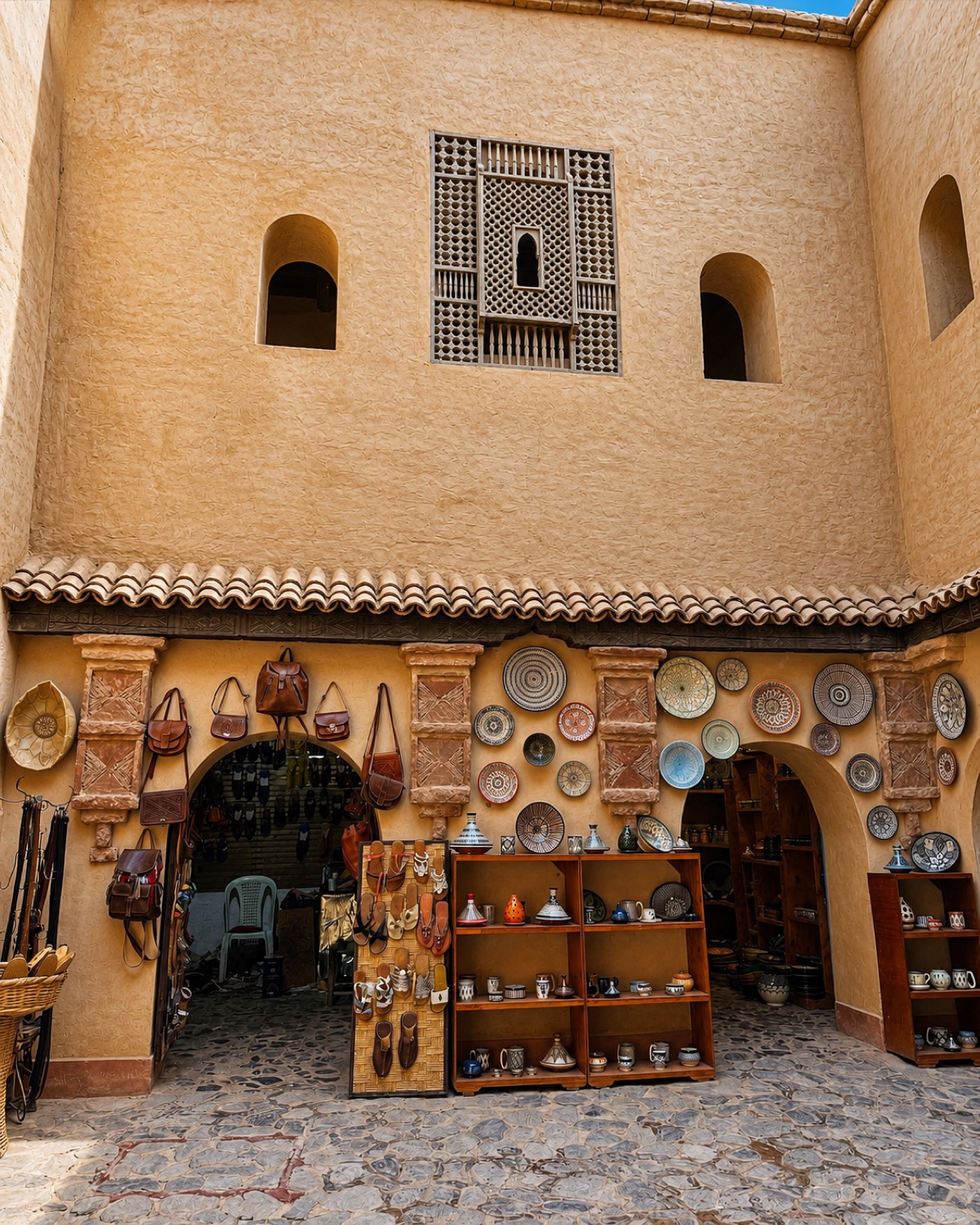 Cour en pisé bordée de boutiques d'artisans, dans le style berbère traditionnel d'Agadir