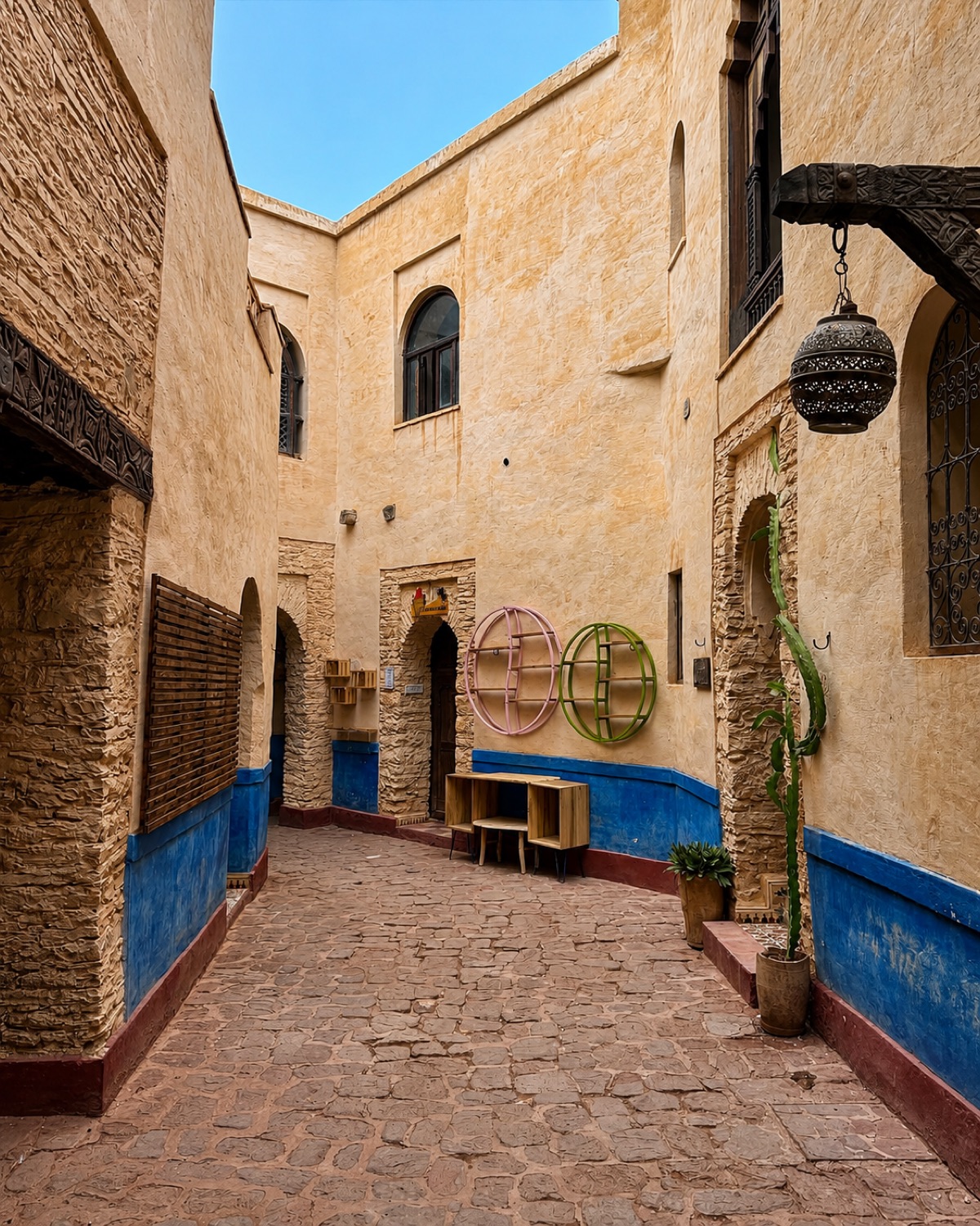 Ruelle en pierre et pisé au soubassement bleu, architecture traditionnelle d'Agadir