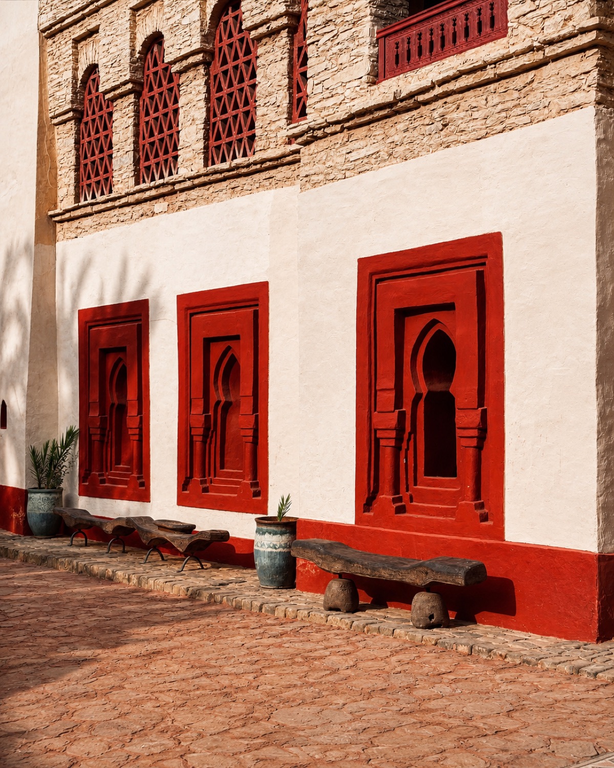 Façade en pisé aux ferronneries rouges, dans le style traditionnel d'Agadir