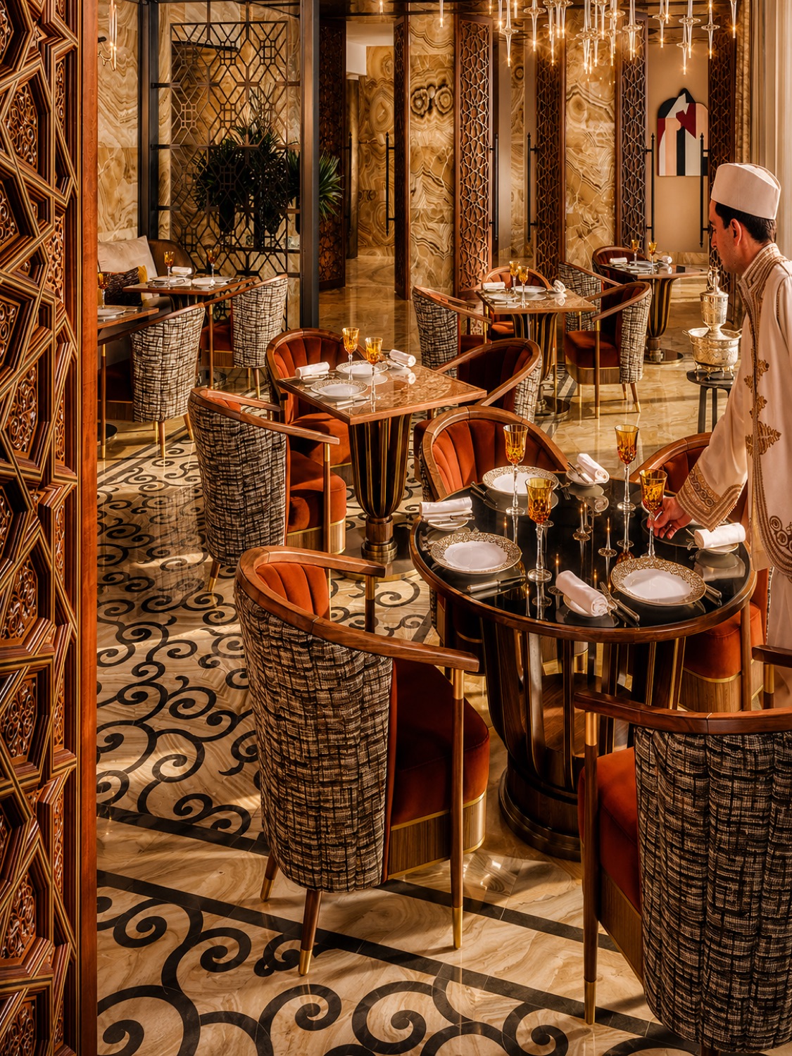 Serveur dressant une table de La Grande Table Marocaine