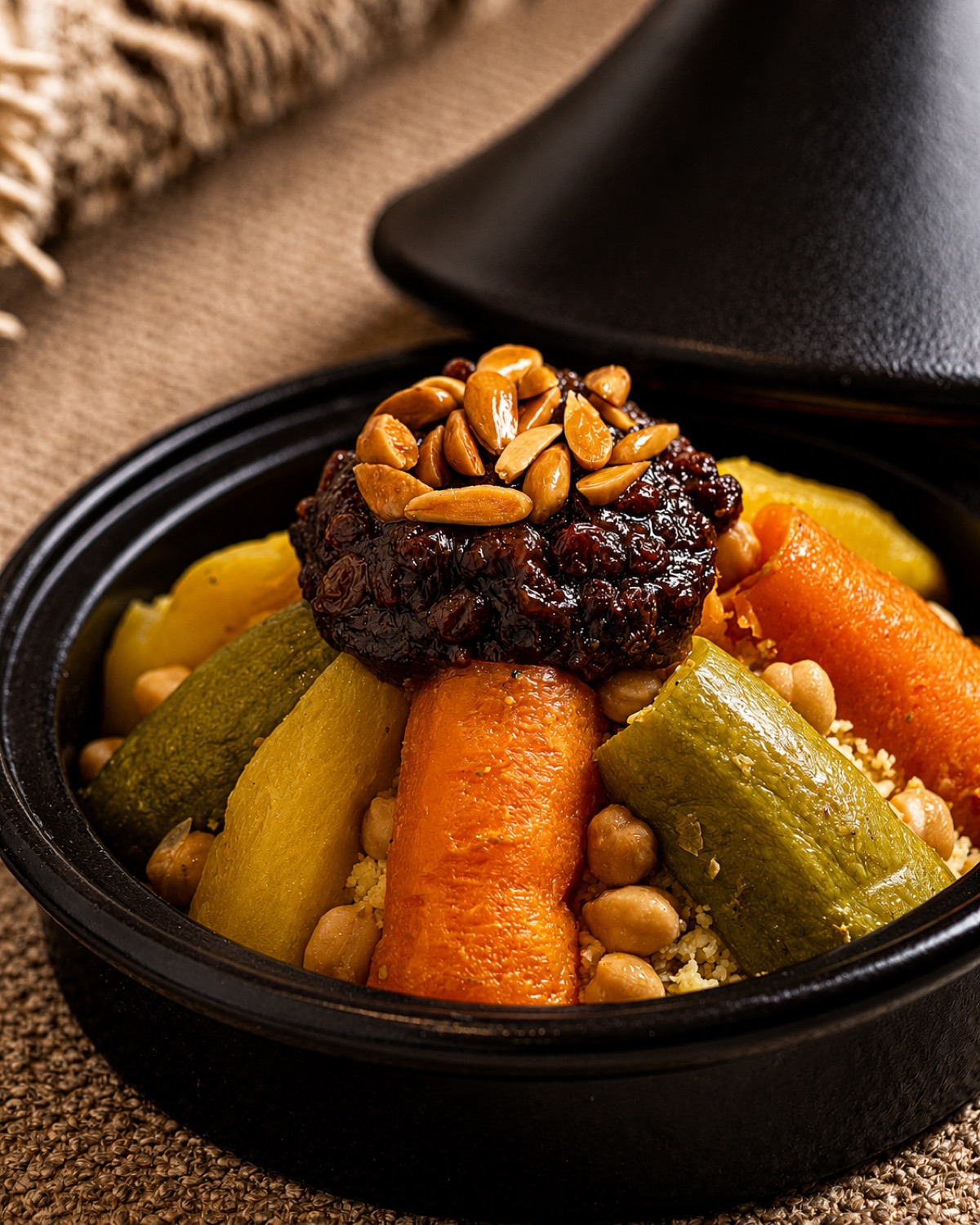Couscous aux légumes servi en tajine noir chez Ishq